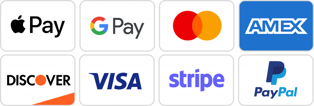 Payment Methods Apple Pay Google Play American Express Discover Master Card Visa Strip PayPal